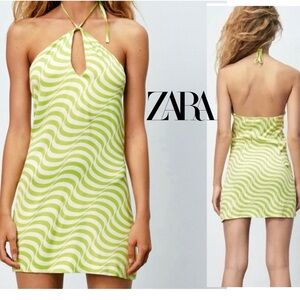 Zara Green white zebra animal print Halter mini Dress M peephole keyhole cutout